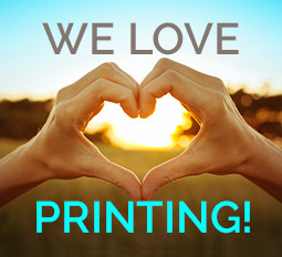 Hands in the shape of a heart "we love printing"